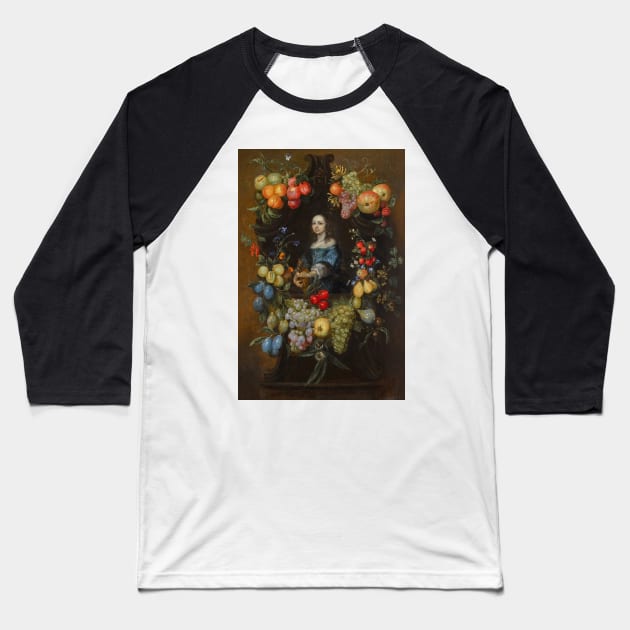 A Garland of Fruit and Flowers Surrounding a Portrait of a Lady in a Blue Dress, Holding a Guitar by Catarina Ykens-Floquet Baseball T-Shirt by Classic Art Stall